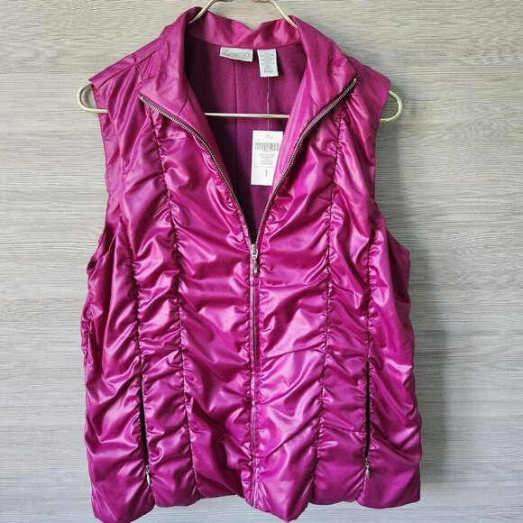 NWT Zenergy By Chicos Womens Pink Shimmer Romana Ruched Zip Puffer Vest Size - Picture 9 of 16